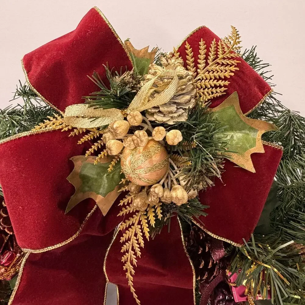 Christmas Wreath Burgundy Velvet Bow Pinecones Apples Berries Holiday Decor